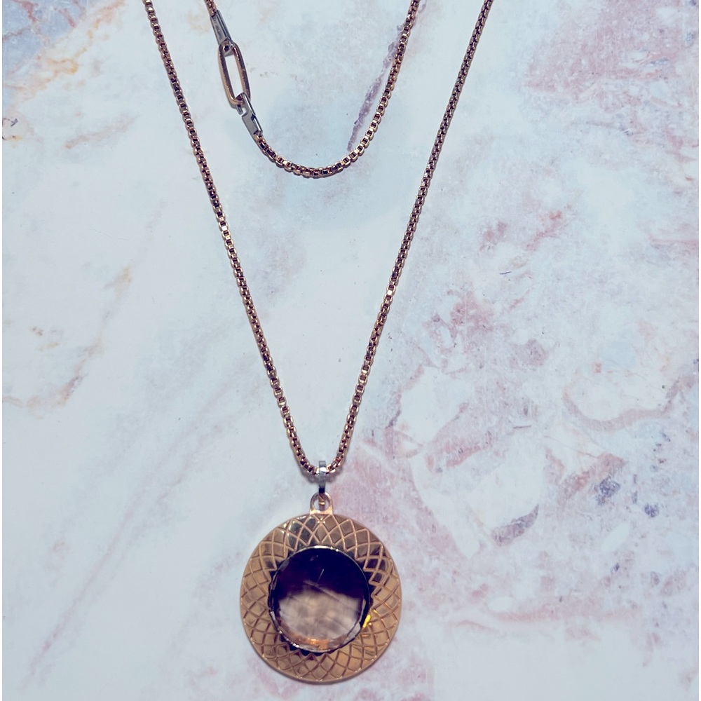 REBECCA JEWELRY Florence Italy; Smokey Topaz & Rose Gold Plate Long Necklace - Picture 3 of 3